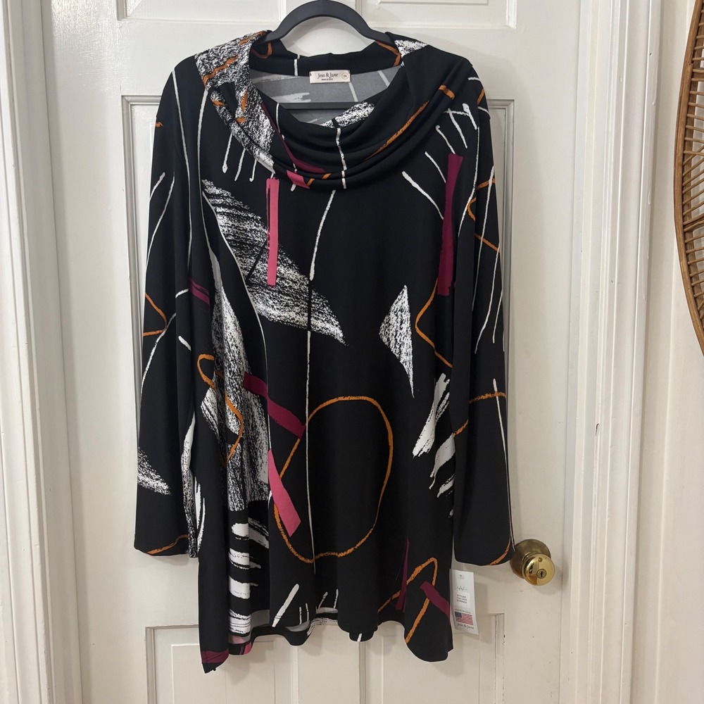 Jess & Jane Oversized Tunic Top 1X Abstract Cowl Neck Art to Wear Career Travel